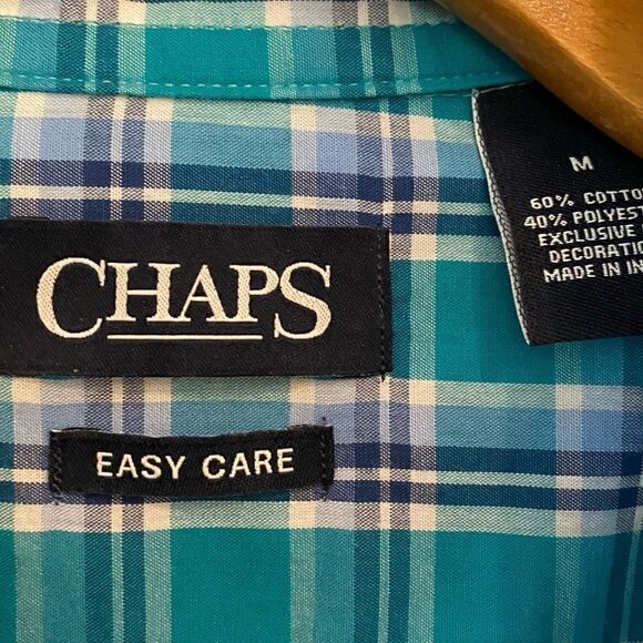 Chaps Men’s M Turquoise Plaid Pocket Long Sleeve Cotton Casual Dress Shirt - Picture 5 of 7